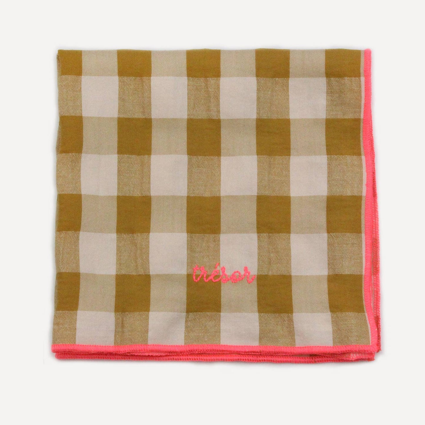 Gichy-Servietten mit Schottenmuster und Stickereien: Amour Moutarde