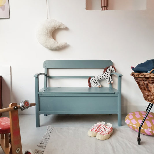 midcentury Kindertruhenbank - blaugrau